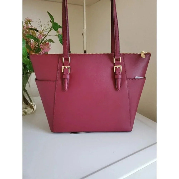 Michael Kors Charlotte Saffiano Leather Zip Tote Burgundy Wine NWT